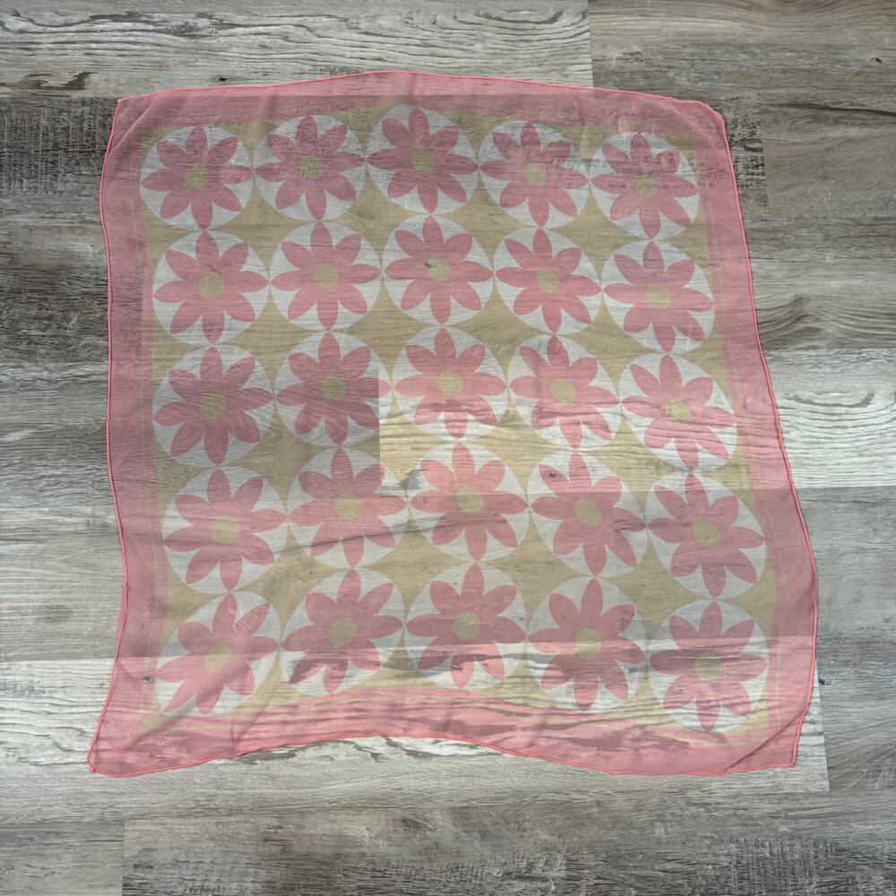 Vintage 1960s Silk Scarf Daisy Floral Pink Mod Flower Power Go Go Retro Square